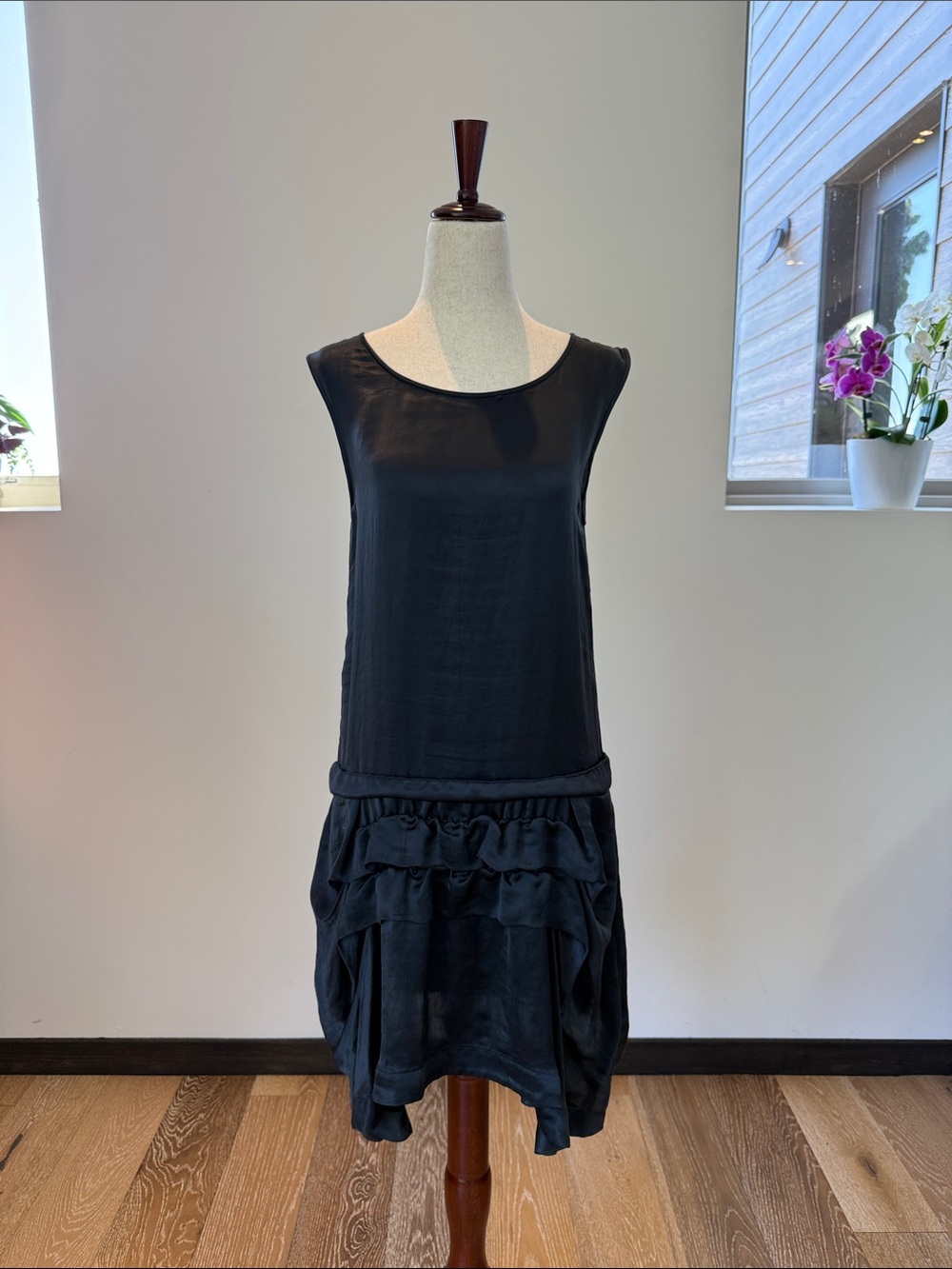 Theory Black Sleeveless Midi Dress with Ruffled Tier